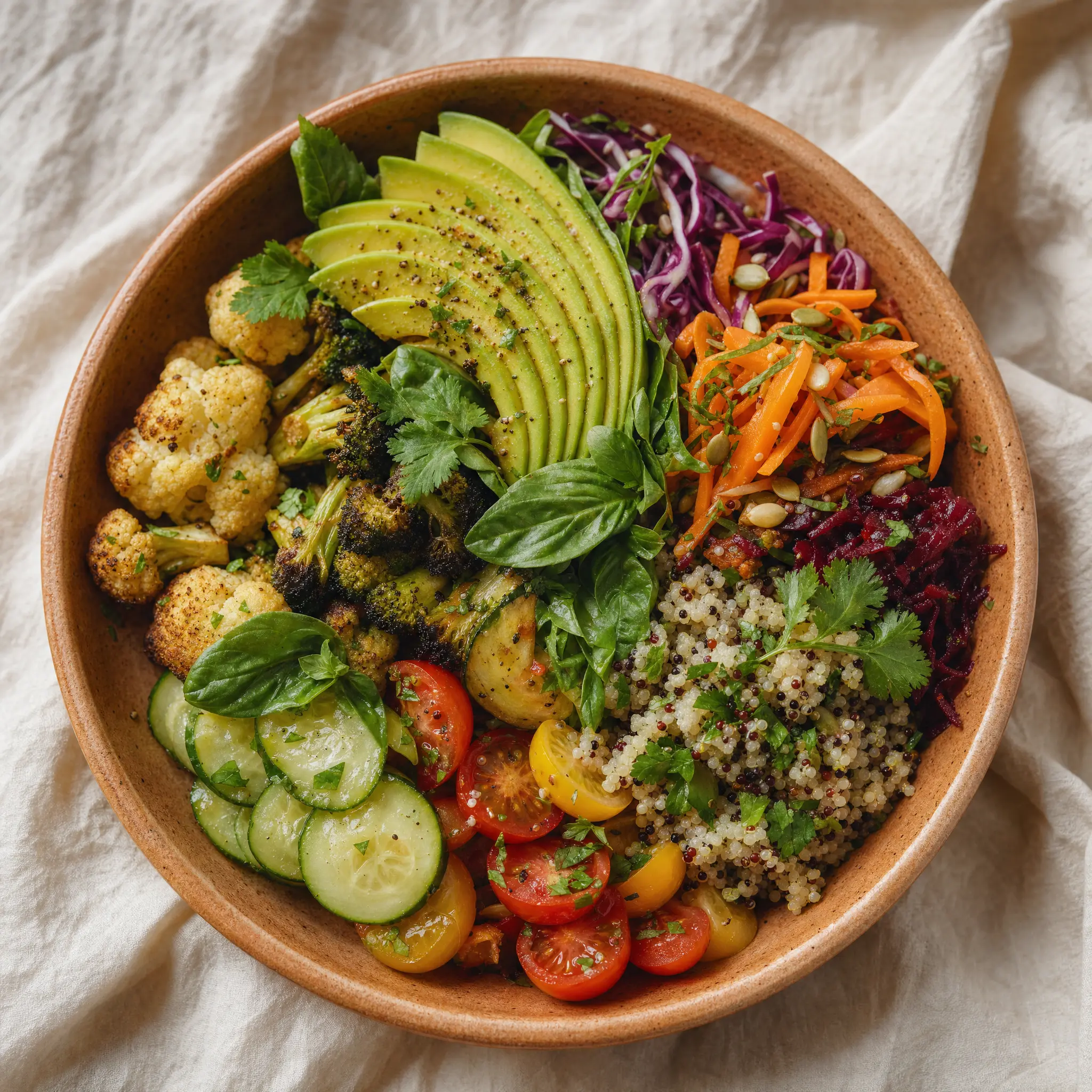 Ciotola di cibo sano e colorato con verdure fresche, cereali integrali e avocado